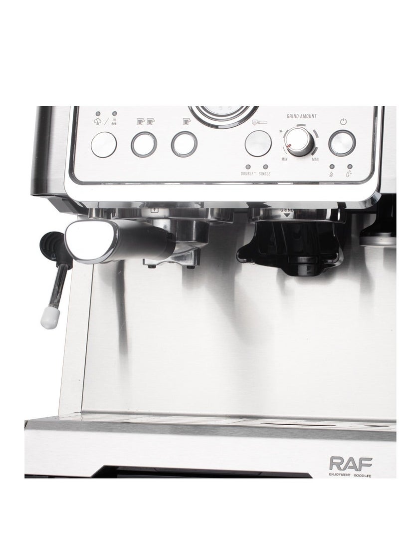 آر إيه أف ماكينة قهوة إسبريسو RAF بقوة 1350 واط مع مطحنة وخفاقة حليب | سعة كبيرة 2.3 لتر، دورة تحضير مزدوجة | ماكينة قهوة احترافية للاستخدام المنزلي والمكتبي - Image 4